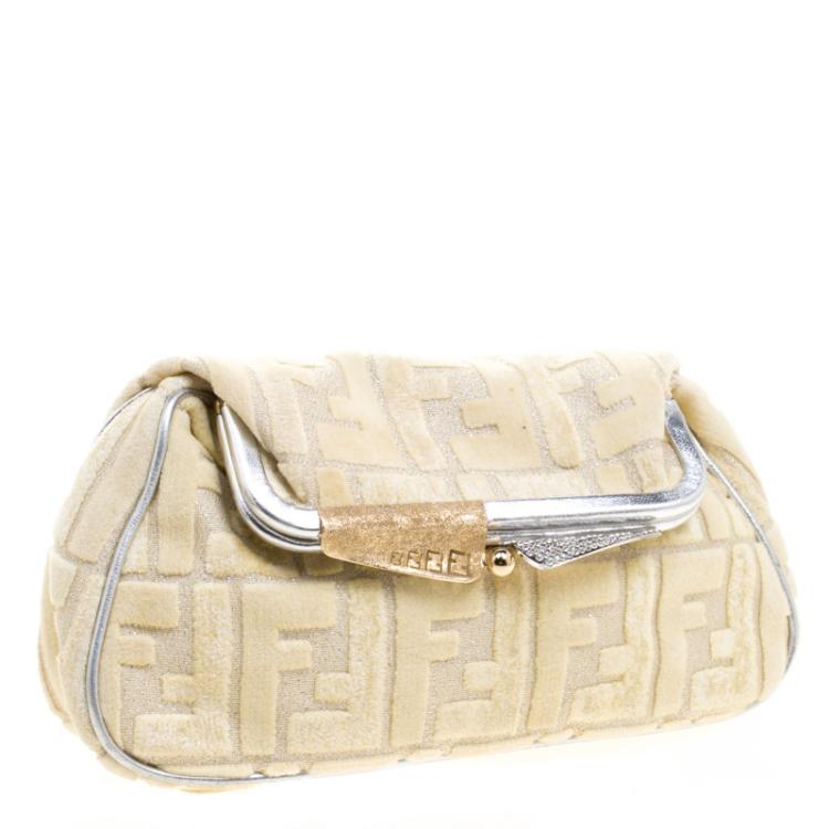 Pre Owned Fendi Cream Zucca Fabric Folded Clutch
