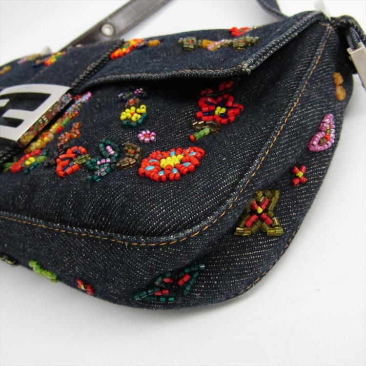 Pre Owned Fendi Blue Denim Embroidered Baguette Shoulder Bag