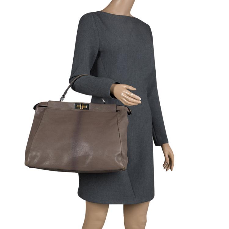 Pre Owned Fendi Dark Beige Ombre Leather Large Peekaboo Top Handle Bag