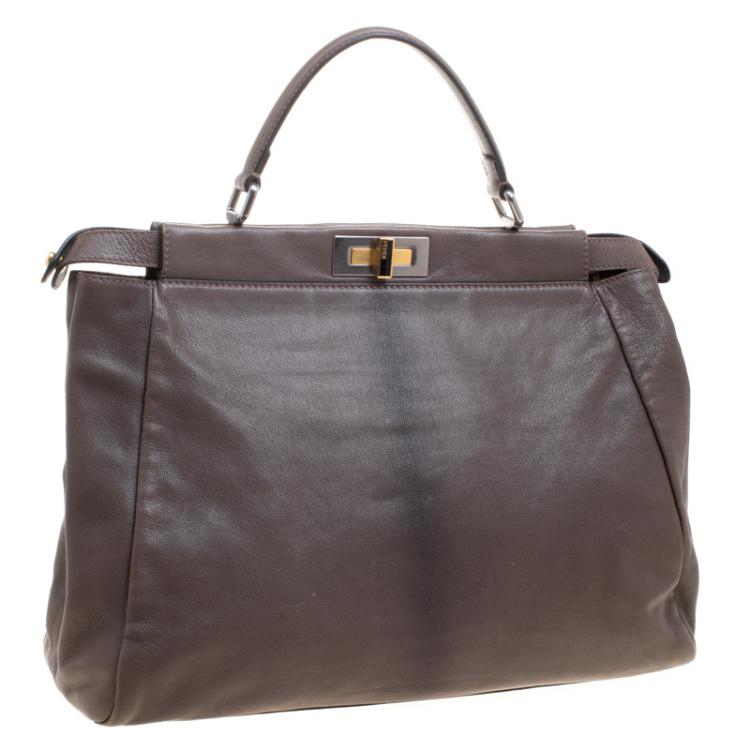 Pre Owned Fendi Dark Beige Ombre Leather Large Peekaboo Top Handle Bag