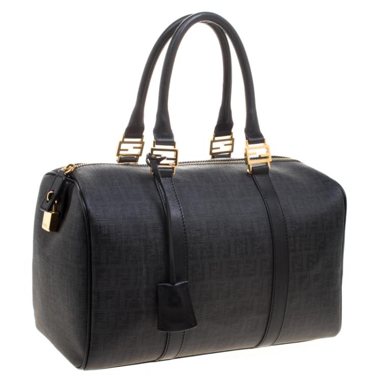 Pre Owned Fendi Black Zucchino Canvas Forever Bauletto Boston Bag