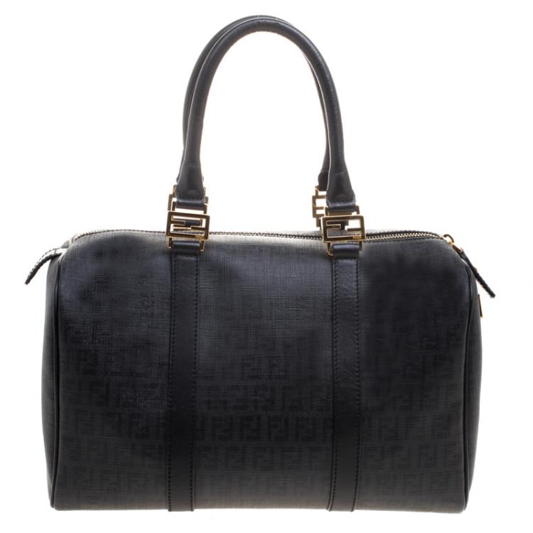 Pre Owned Fendi Black Zucchino Canvas Forever Bauletto Boston Bag