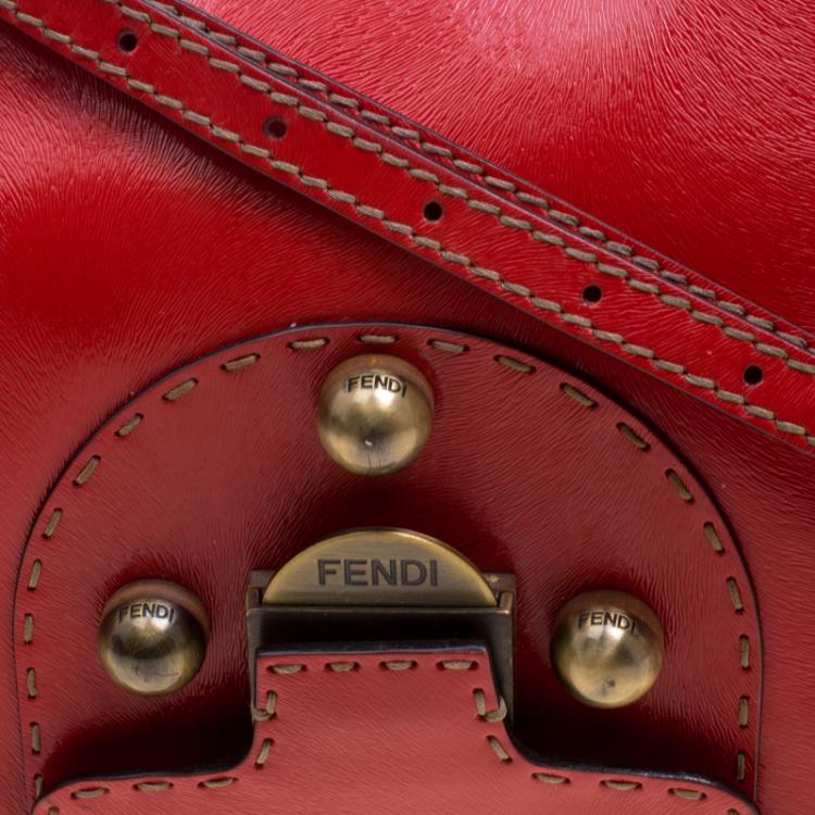 Pre Owned Fendi Red Patent Leather Secret Code Top Handle Bag