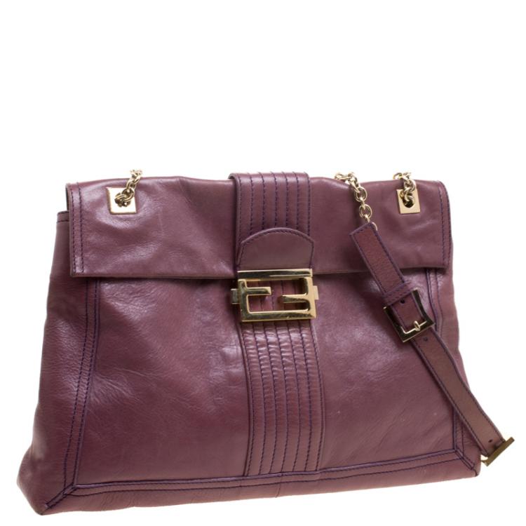 Pre Owned Fendi Burgundy Leather Maxi Baguette Flap Shoulder Bag