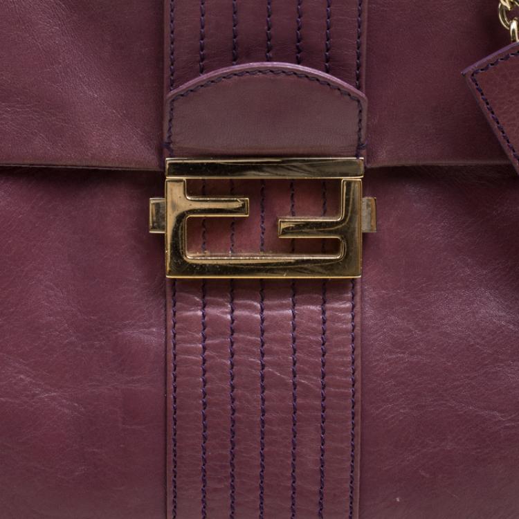 Pre Owned Fendi Burgundy Leather Maxi Baguette Flap Shoulder Bag
