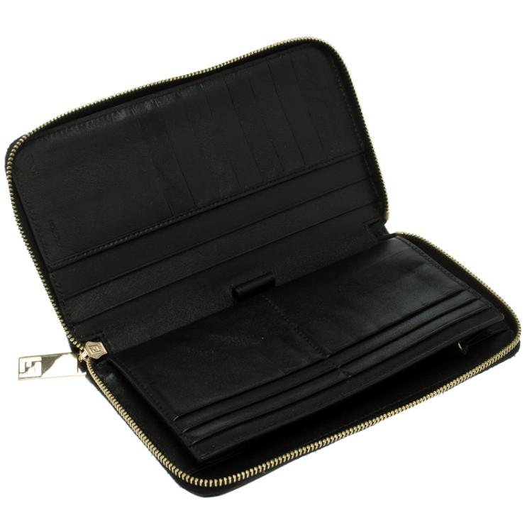 Pre Owned Fendi Black/Tobacco Pequin Canvas Zip Around Wallet