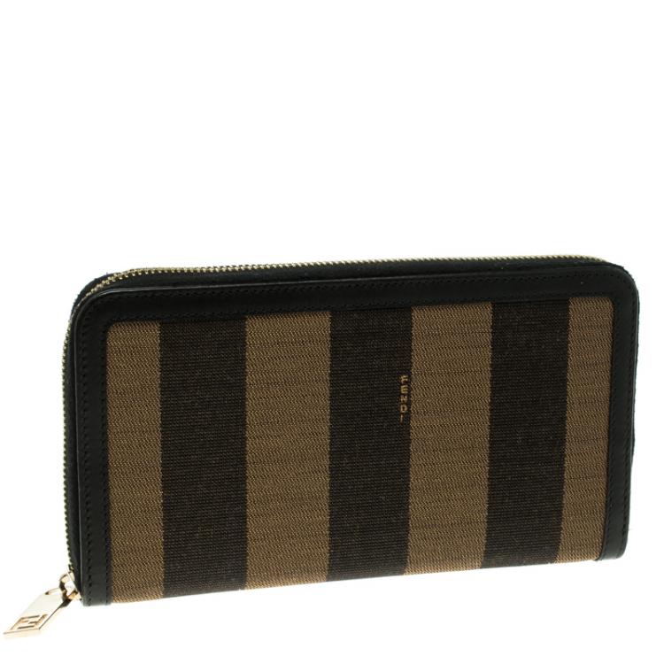 Pre Owned Fendi Black/Tobacco Pequin Canvas Zip Around Wallet
