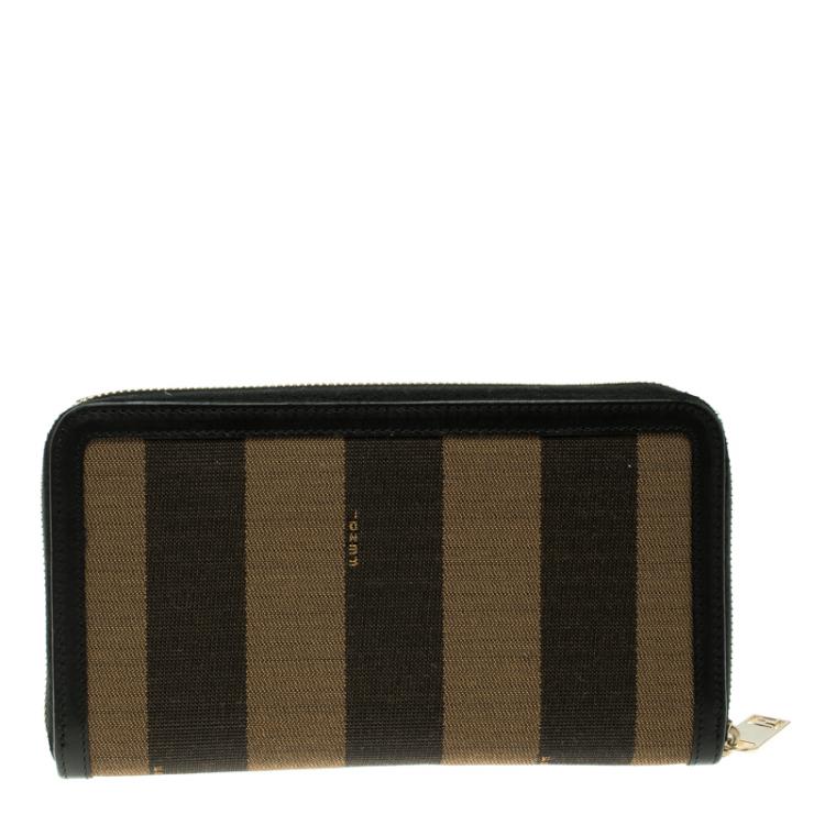 Pre Owned Fendi Black/Tobacco Pequin Canvas Zip Around Wallet