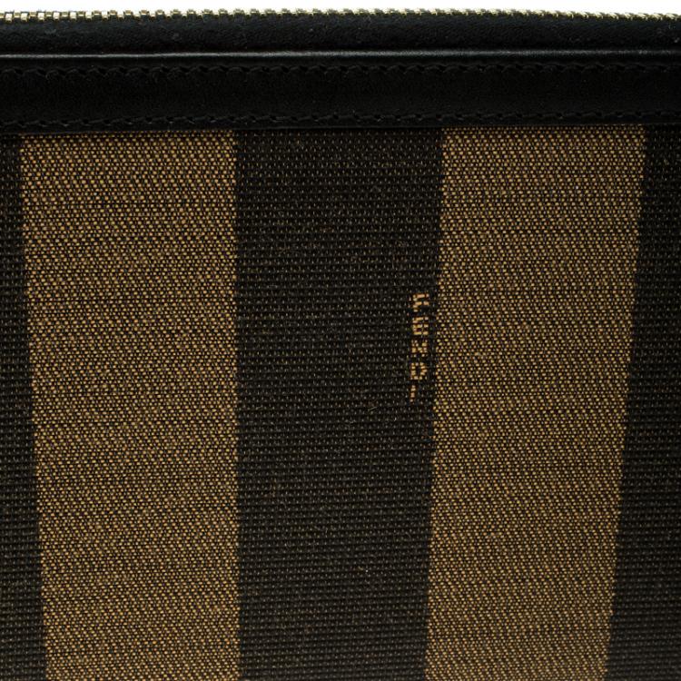 Pre Owned Fendi Black/Tobacco Pequin Canvas Zip Around Wallet