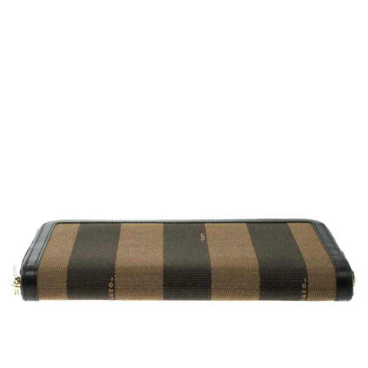 Pre Owned Fendi Black/Tobacco Pequin Canvas Zip Around Wallet