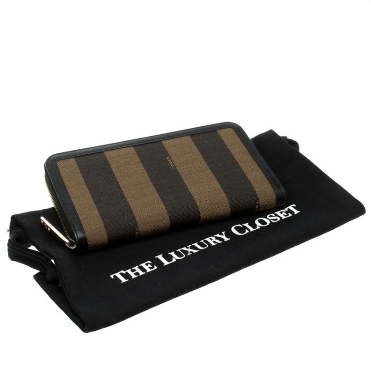 Pre Owned Fendi Black/Tobacco Pequin Canvas Zip Around Wallet