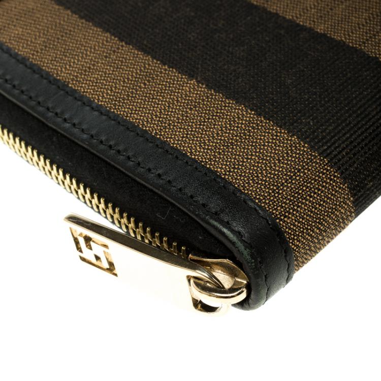 Pre Owned Fendi Black/Tobacco Pequin Canvas Zip Around Wallet