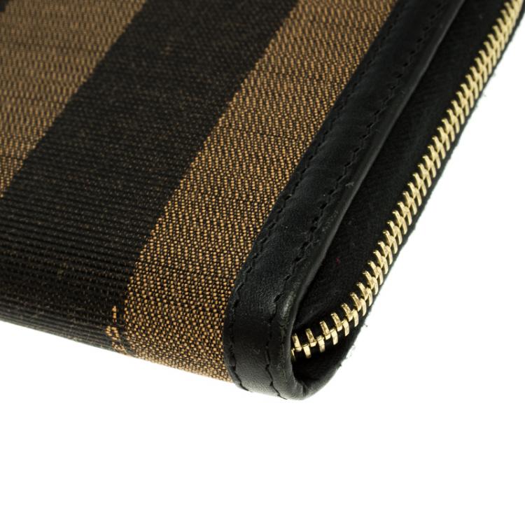 Pre Owned Fendi Black/Tobacco Pequin Canvas Zip Around Wallet