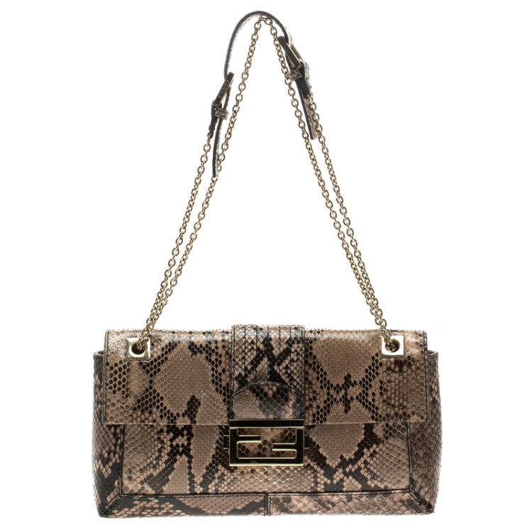 Pre Owned Fendi Beige Python Baguette Chain Flap Bag