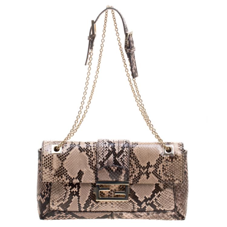 Pre Owned Fendi Beige Python Baguette Chain Flap Bag