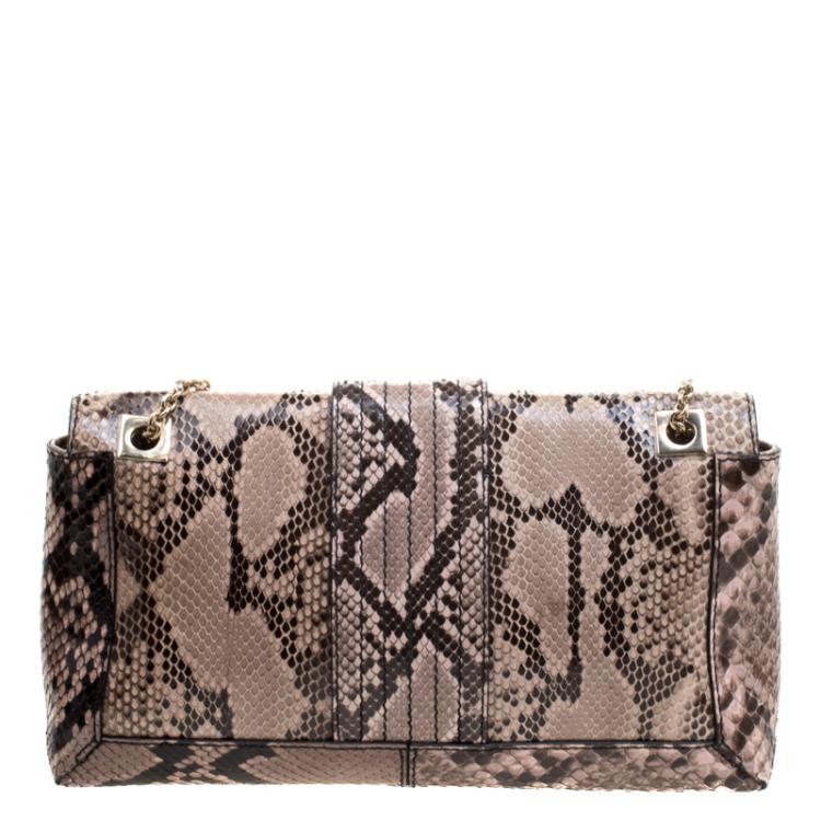 Pre Owned Fendi Beige Python Baguette Chain Flap Bag