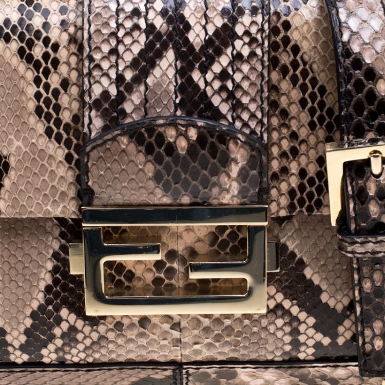 Pre Owned Fendi Beige Python Baguette Chain Flap Bag