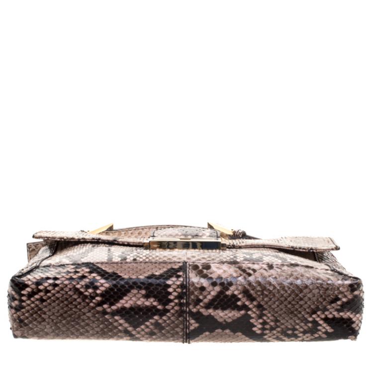 Pre Owned Fendi Beige Python Baguette Chain Flap Bag