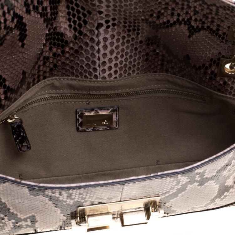 Pre Owned Fendi Beige Python Baguette Chain Flap Bag