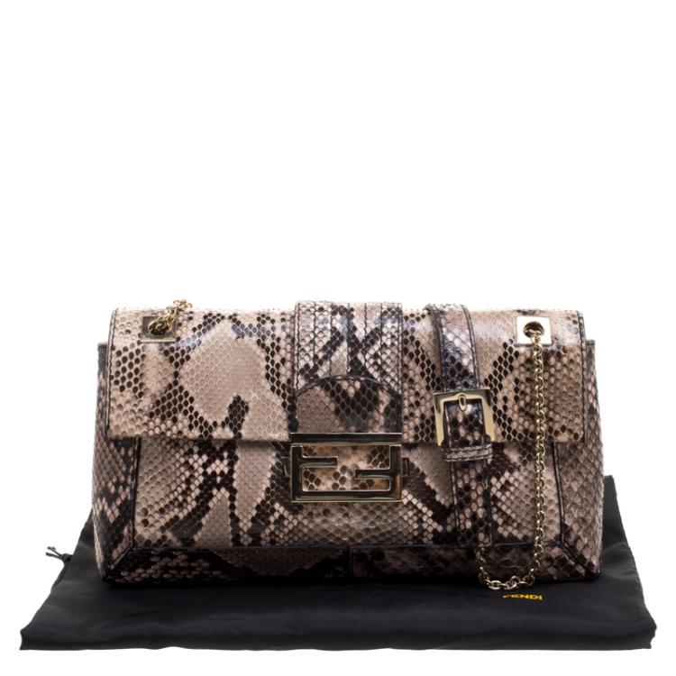 Pre Owned Fendi Beige Python Baguette Chain Flap Bag