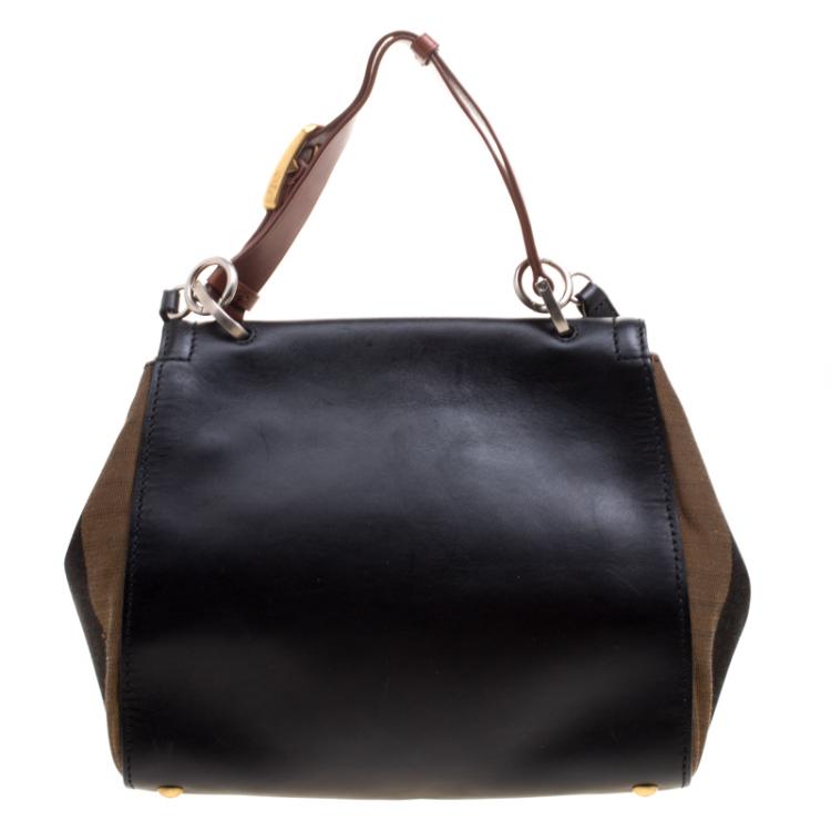 Pre Owned Fendi Black/Tobacco Leather and Pequin Canvas Silvana Top Handle Bag