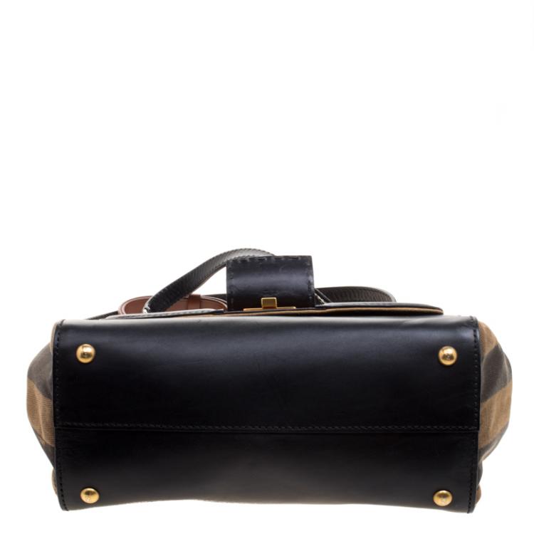 Pre Owned Fendi Black/Tobacco Leather and Pequin Canvas Silvana Top Handle Bag