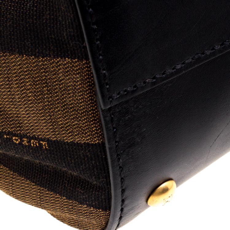 Pre Owned Fendi Black/Tobacco Leather and Pequin Canvas Silvana Top Handle Bag