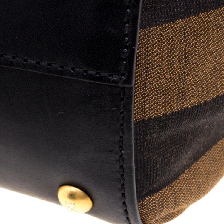 Pre Owned Fendi Black/Tobacco Leather and Pequin Canvas Silvana Top Handle Bag