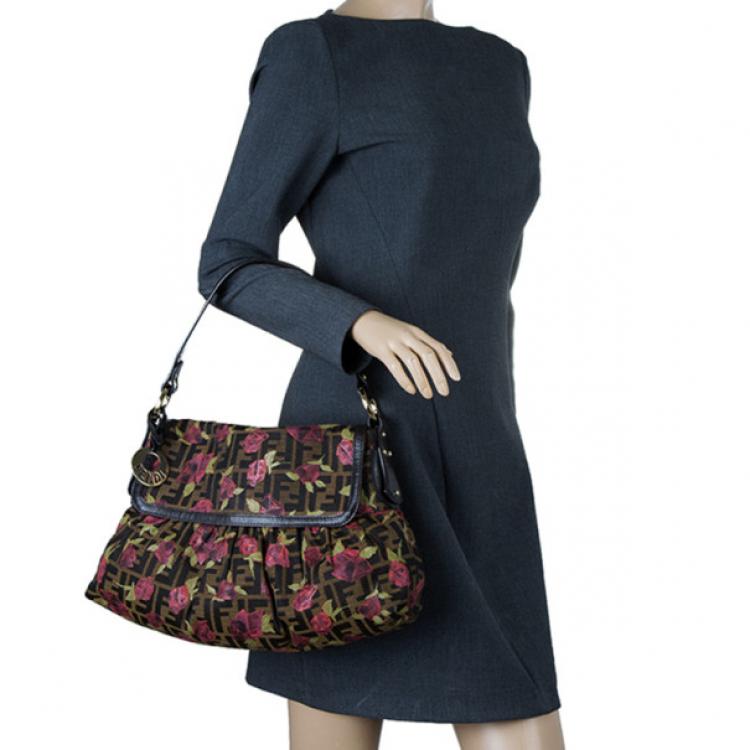 Pre Owned Fendi Tobacco Zucca Canvas Chef Rose Print Medium Bag