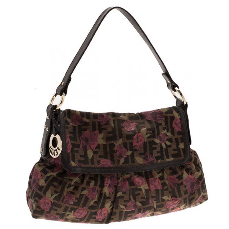 Pre Owned Fendi Tobacco Zucca Canvas Chef Rose Print Medium Bag