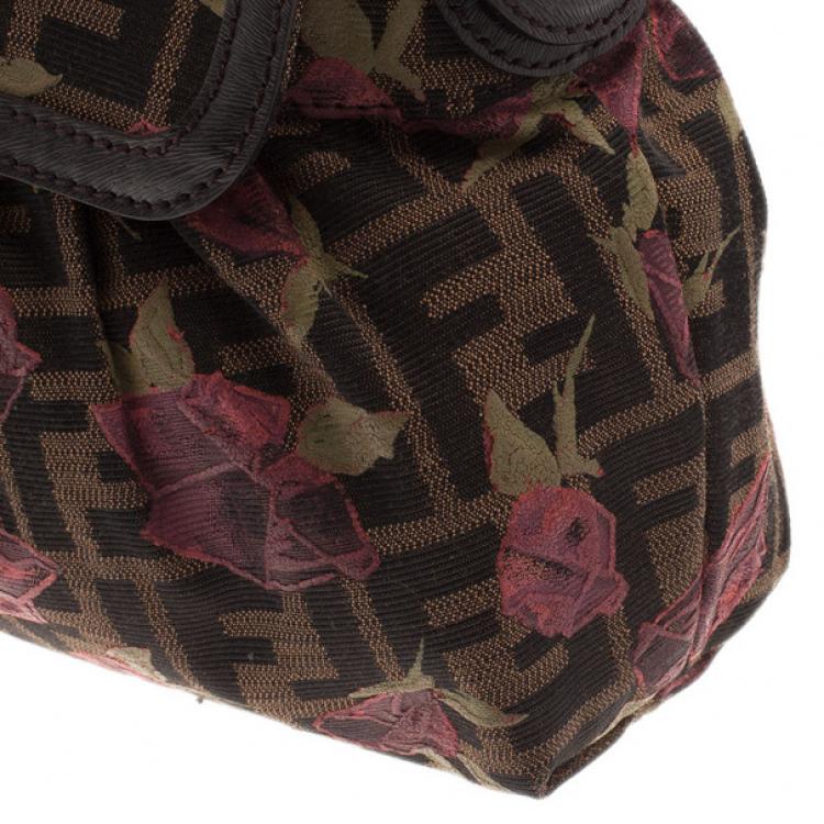 Pre Owned Fendi Tobacco Zucca Canvas Chef Rose Print Medium Bag