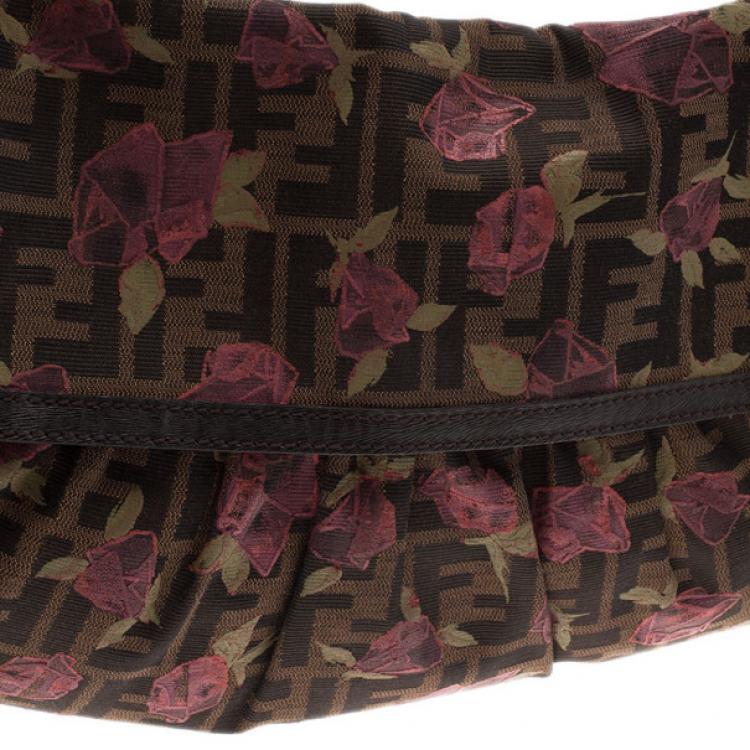 Pre Owned Fendi Tobacco Zucca Canvas Chef Rose Print Medium Bag