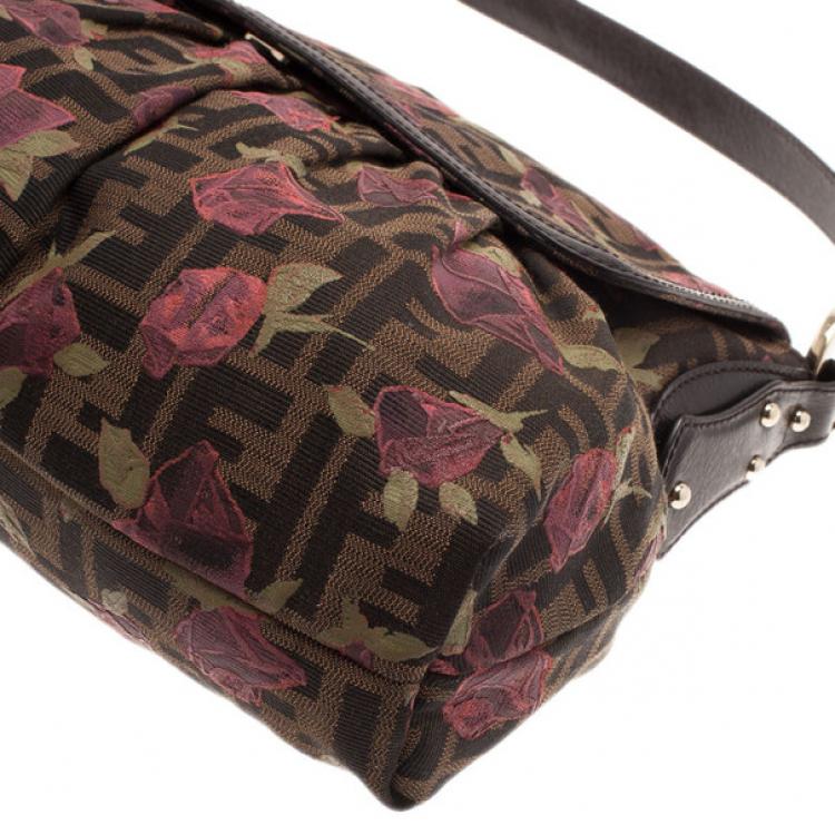 Pre Owned Fendi Tobacco Zucca Canvas Chef Rose Print Medium Bag