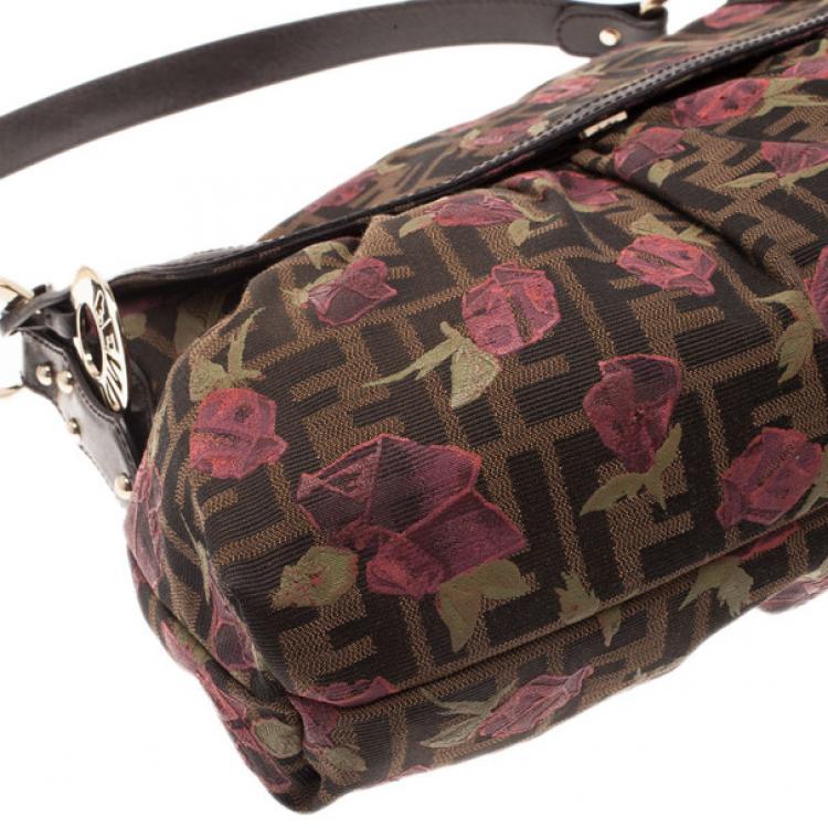 Pre Owned Fendi Tobacco Zucca Canvas Chef Rose Print Medium Bag