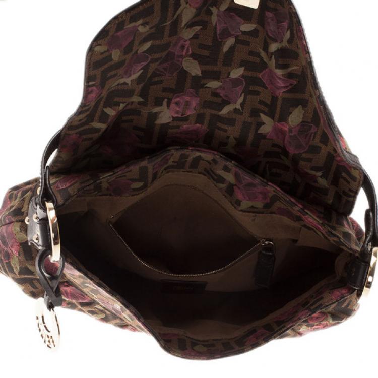 Pre Owned Fendi Tobacco Zucca Canvas Chef Rose Print Medium Bag
