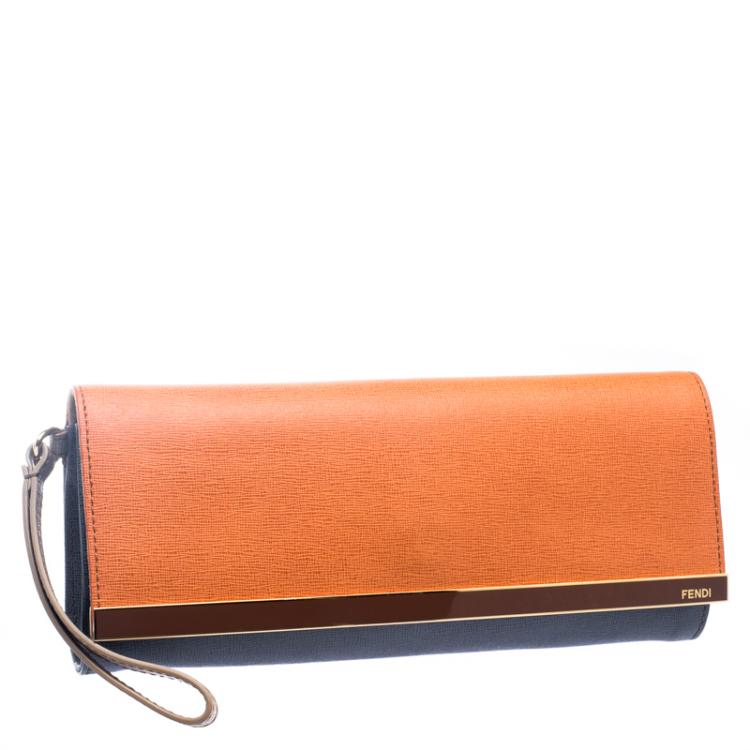 Pre Owned Fendi Orange/Grey Leather Rush Wrislet Clutch