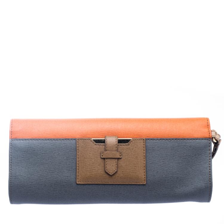 Pre Owned Fendi Orange/Grey Leather Rush Wrislet Clutch