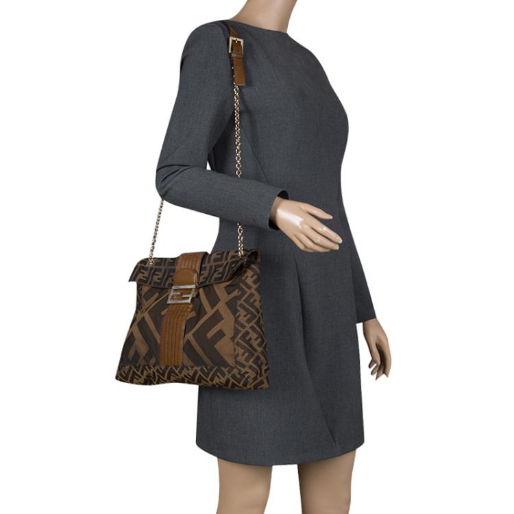 Pre Owned Fendi Tobacco Zucca Canvas Maxi Baguette Flap Shoulder Bag