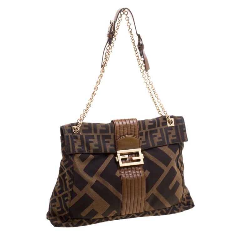 Pre Owned Fendi Tobacco Zucca Canvas Maxi Baguette Flap Shoulder Bag