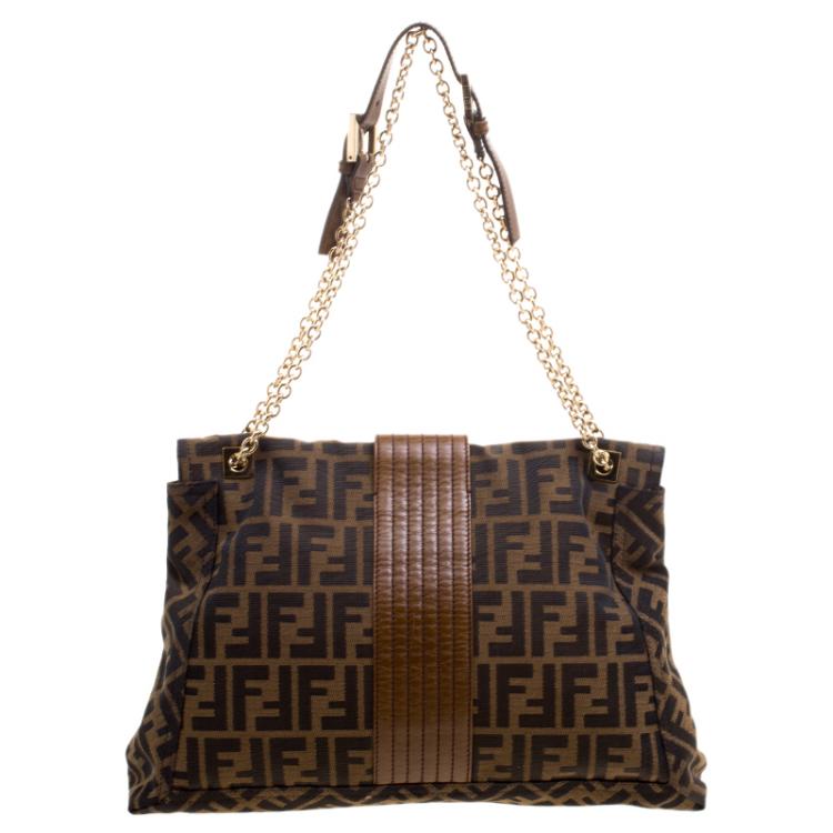 Pre Owned Fendi Tobacco Zucca Canvas Maxi Baguette Flap Shoulder Bag