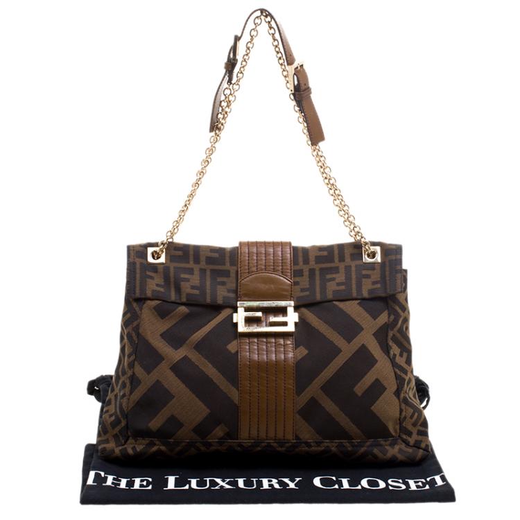 Pre Owned Fendi Tobacco Zucca Canvas Maxi Baguette Flap Shoulder Bag