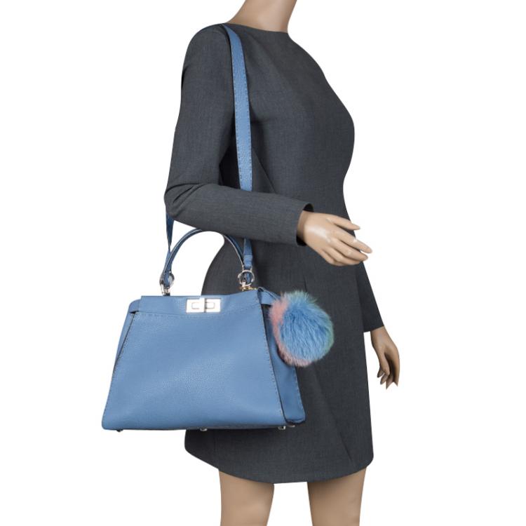 Pre Owned Fendi Blue Selleria Leather Medium Peekaboo Top Handle Bag