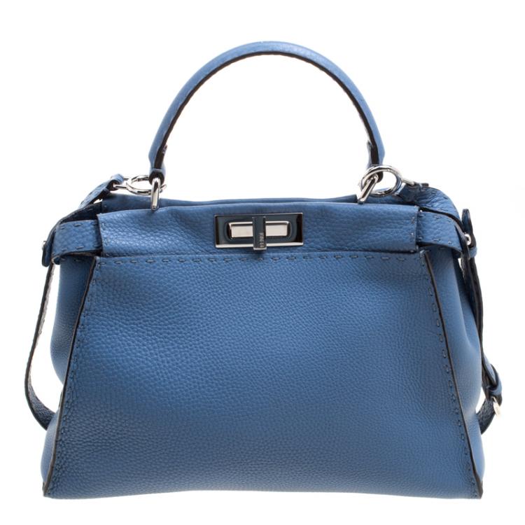 Pre Owned Fendi Blue Selleria Leather Medium Peekaboo Top Handle Bag