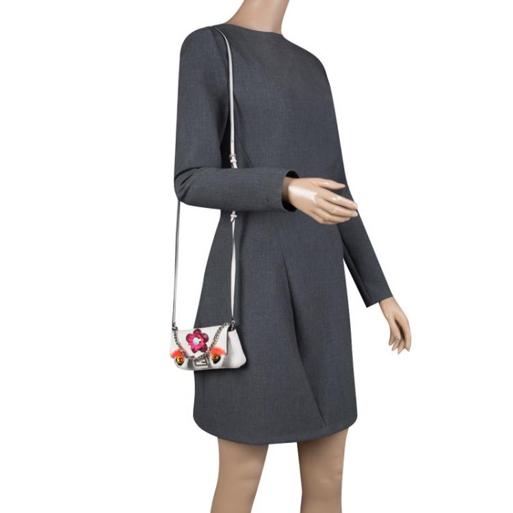 Pre Owned Fendi White Leather Micro Monster Baguette Bag