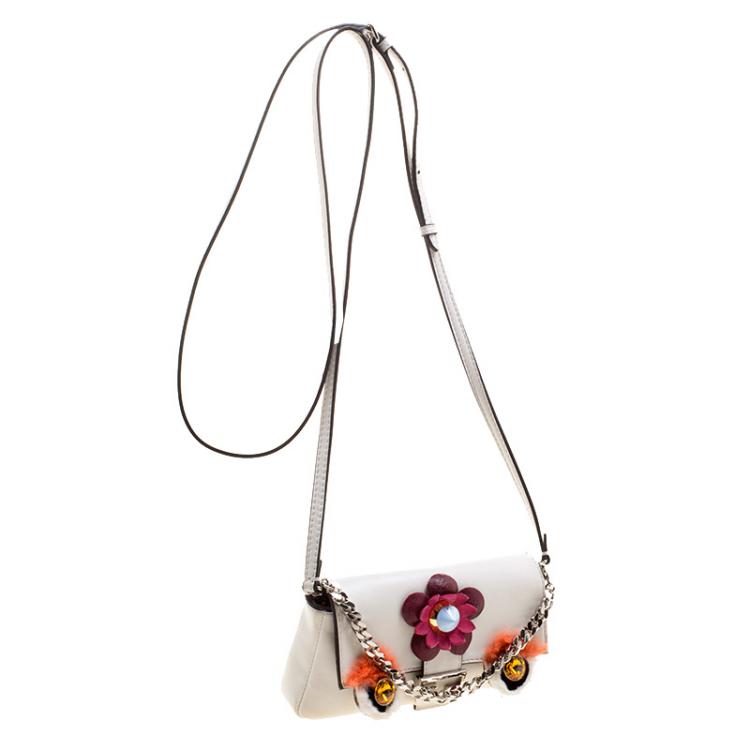 Pre Owned Fendi White Leather Micro Monster Baguette Bag