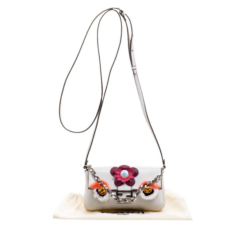 Pre Owned Fendi White Leather Micro Monster Baguette Bag