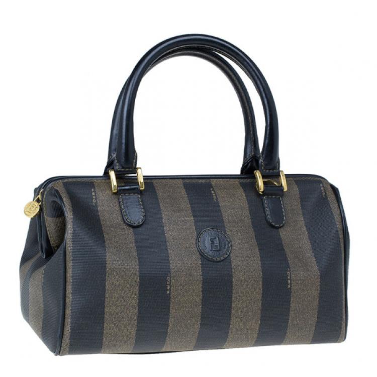 Pre Owned Fendi Black Striped Pequin Small Boston Bag