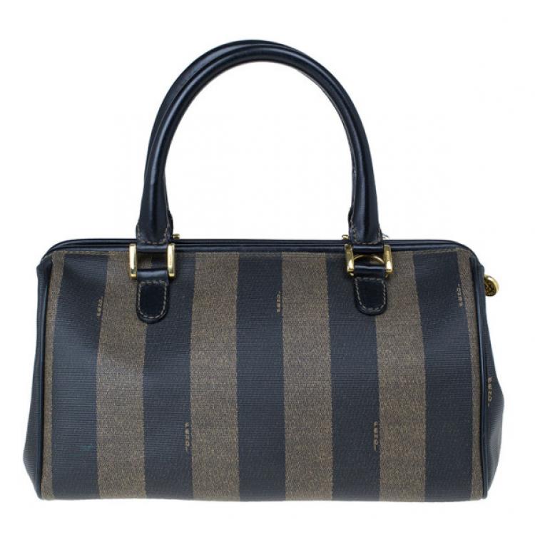 Pre Owned Fendi Black Striped Pequin Small Boston Bag