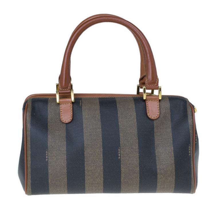 Pre Owned Fendi Brown Striped Pequin Canvas Vintage Boston Bag