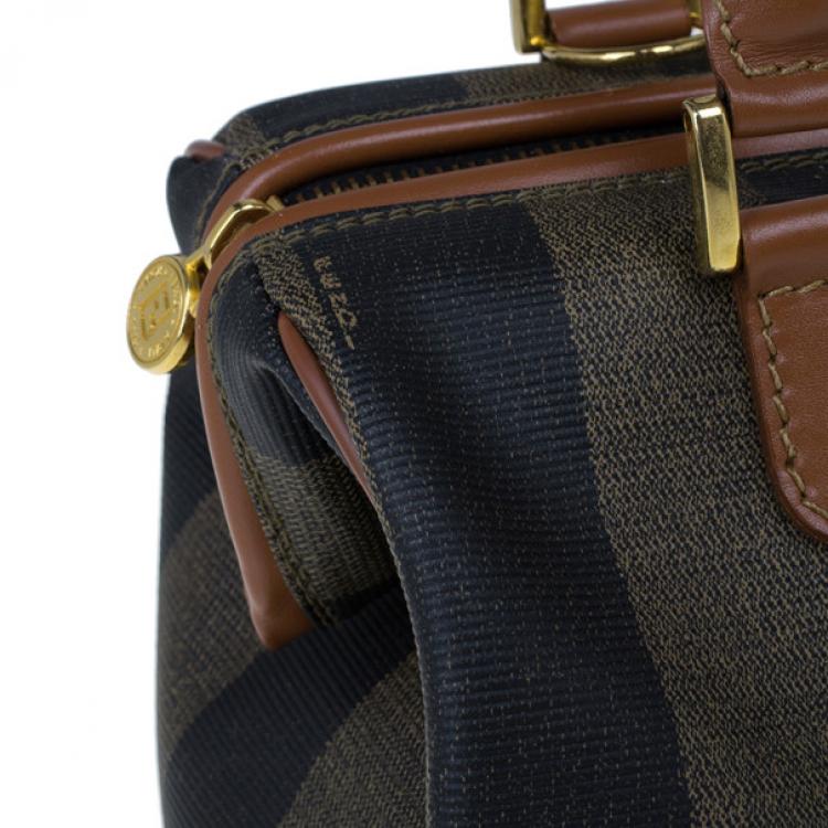 Pre Owned Fendi Brown Striped Pequin Canvas Vintage Boston Bag